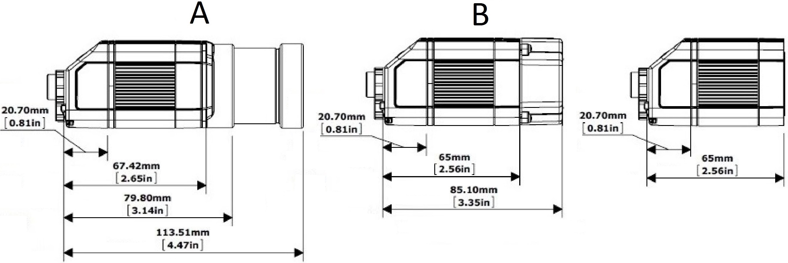 Dimensions of the DataMan 360 Series reader with and without lens options.