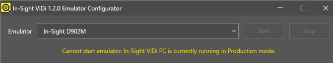 Cannot start emulator: In-Sight ViDi PC is currently running in Production mode.