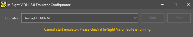 Cannot start emulator: Please check if In-Sight Vision Suite is running.
